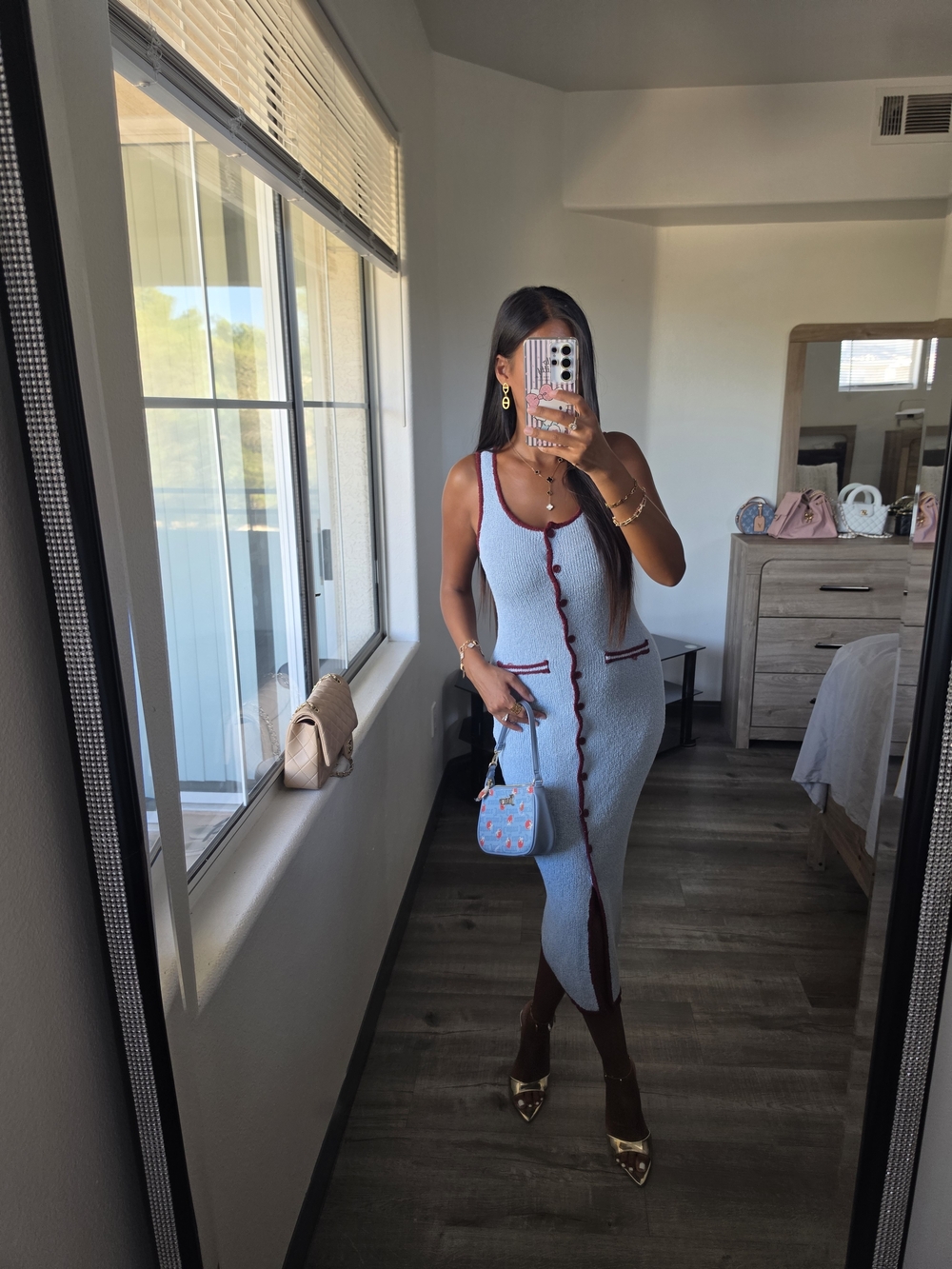 Light Blue Knit Midi Dress with Burgundy Trim Stretchy - Picture 4 of 17